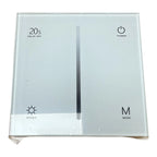 Frosted glass LED dimmer switch panel with touch controls labeled Power, Mode, Bright, and 20s Delay Off.