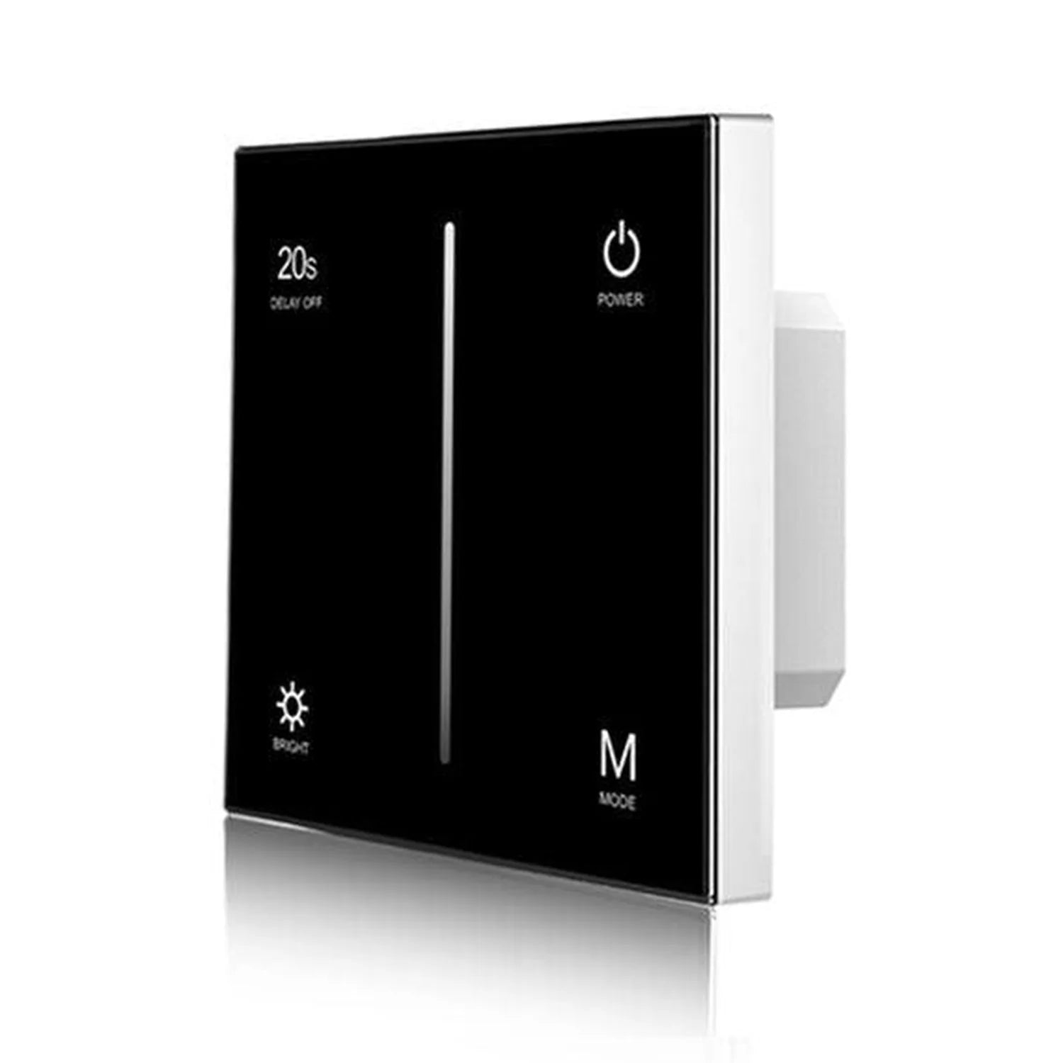 Black glass LED touch dimmer switch with white trim, showing controls for brightness, delay off, power, and mode settings.