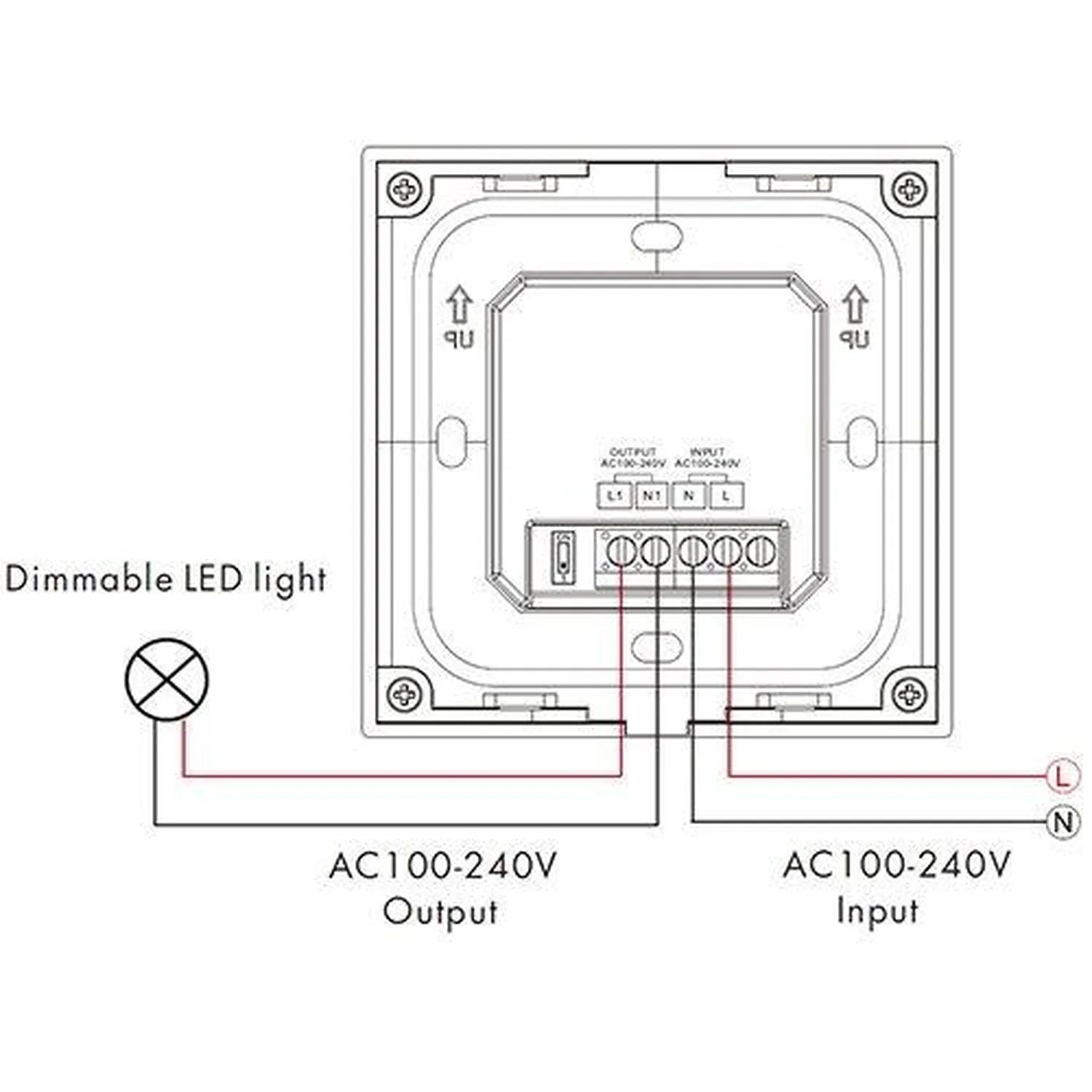 Wiring diagram for dimmable LED light switch showing terminal connections for AC100-240V input and output.