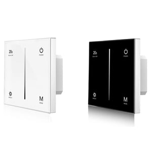 White and black touch glass panel dimmer switches shown side by side, each displaying power button, delay off timer, brightne