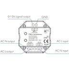 T18 0-10V LED dimmer switch top view showing AC input/output terminals, 0-10V signal output, GND, and 2.4G wireless icon.