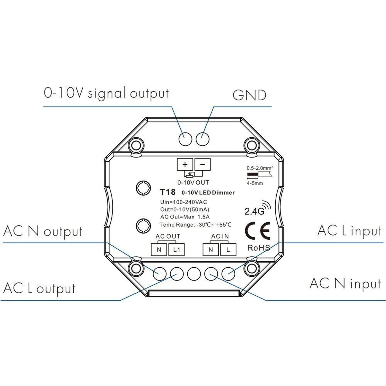 T18 0-10V LED dimmer switch top view showing AC input/output terminals, 0-10V signal output, GND, and 2.4G wireless icon.
