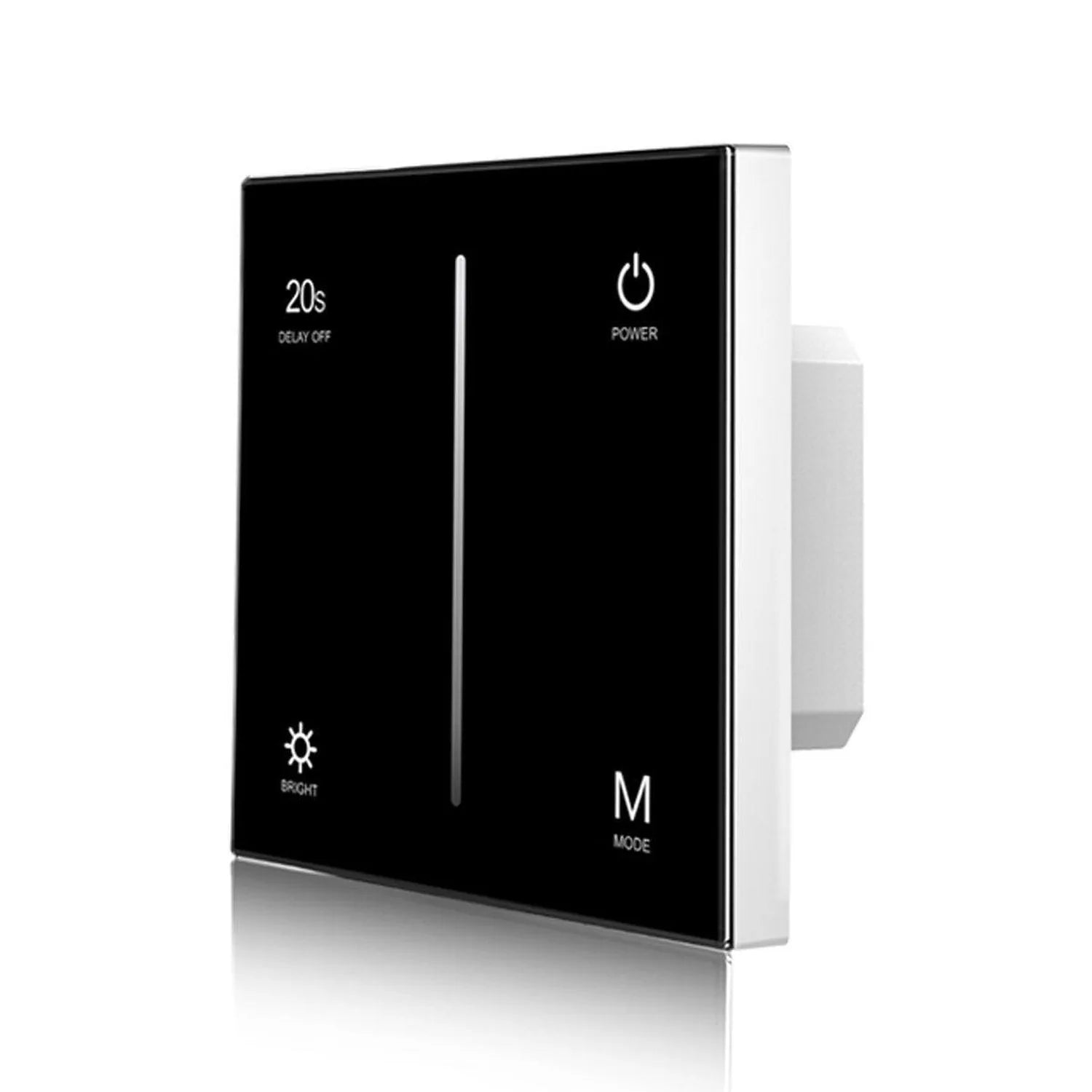 Black glass touch panel dimmer switch with white trim, displaying brightness slider, power button, mode button, and 20-second