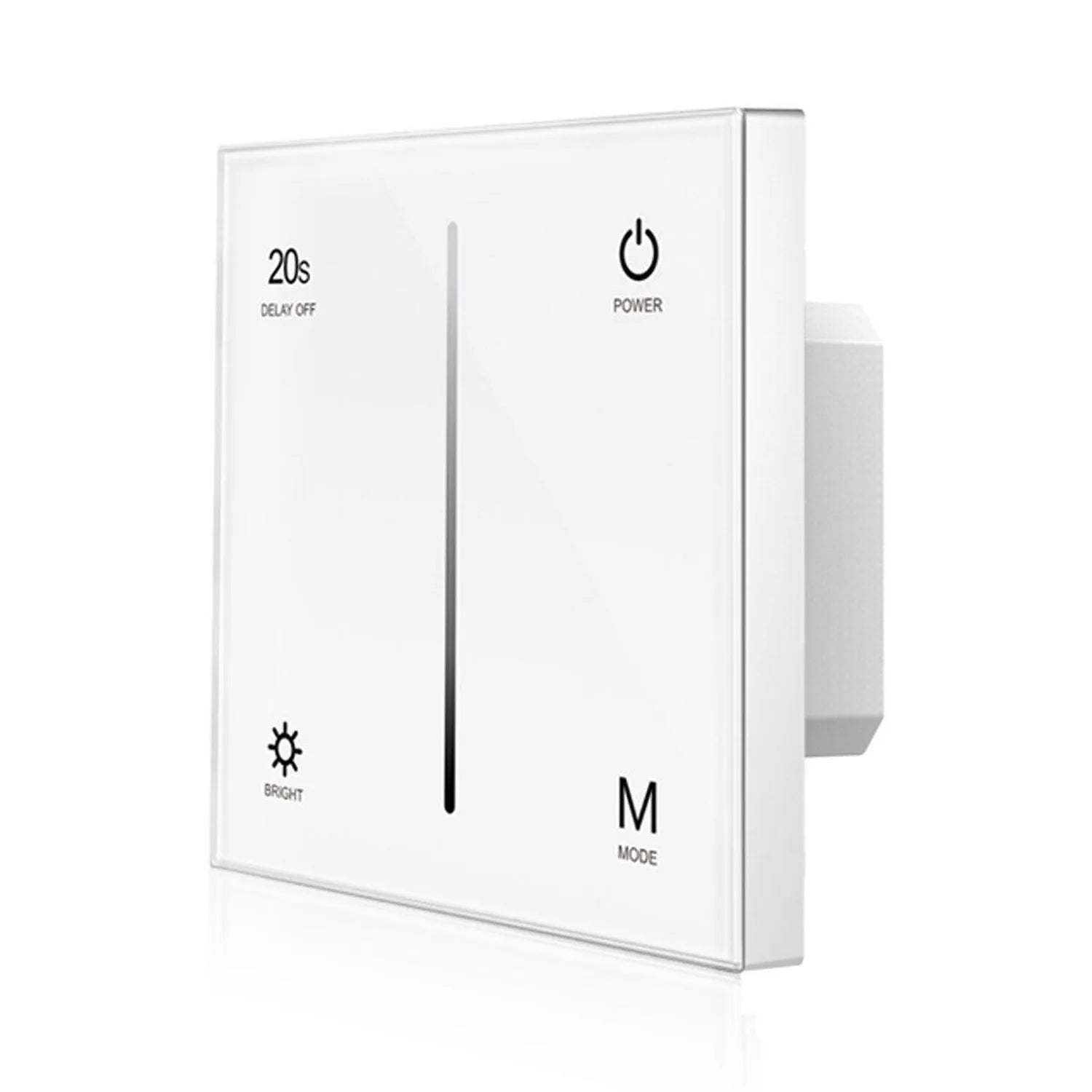 White touch glass panel dimmer switch with brightness slider, power button, mode button, and 20-second delay off function dis