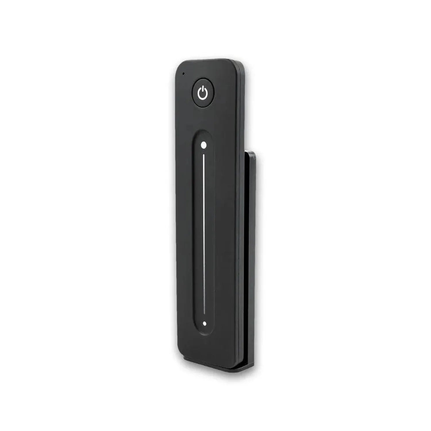Black vertical remote control with power button at top and vertical slider control in center for dimming adjustment.