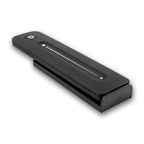 Black rectangular RF remote dimmer controller with power button and sliding dimmer bar, shown at angle on white background.