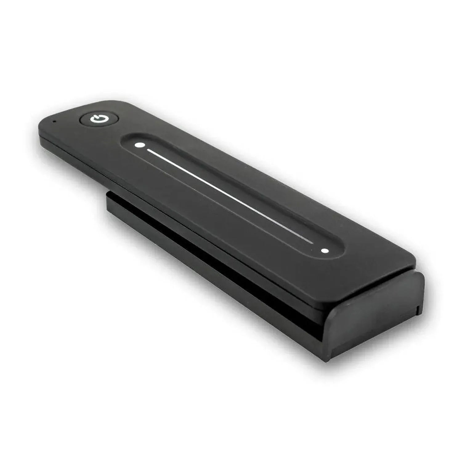 Black rectangular RF remote dimmer controller with power button and sliding dimmer bar, shown at angle on white background.