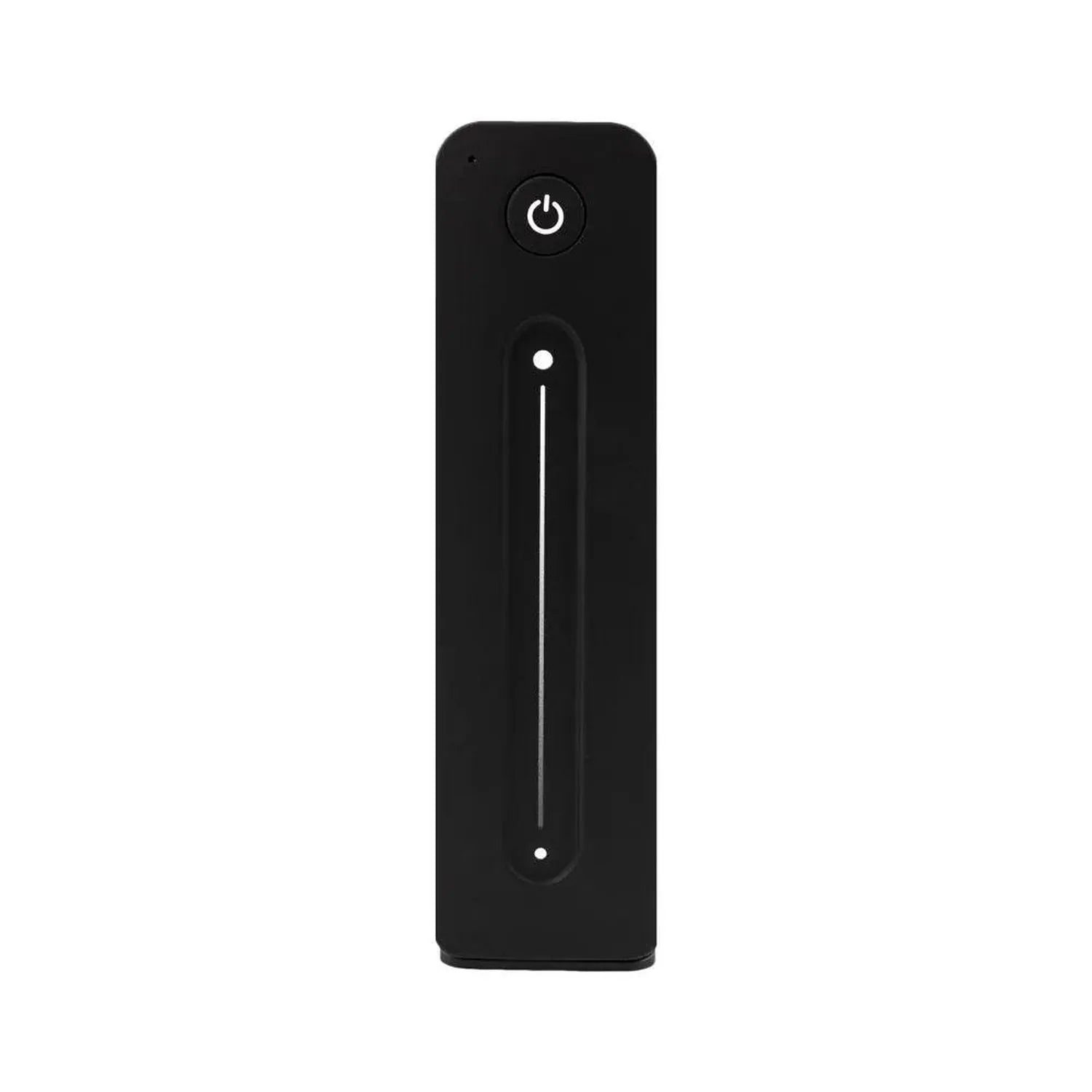 Black rectangular remote control with power button at top and vertical slide dimmer control below, product alone against whit