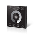 Black square DALI dimmer controller with central power button, four group selection buttons at top, and four scene buttons at
