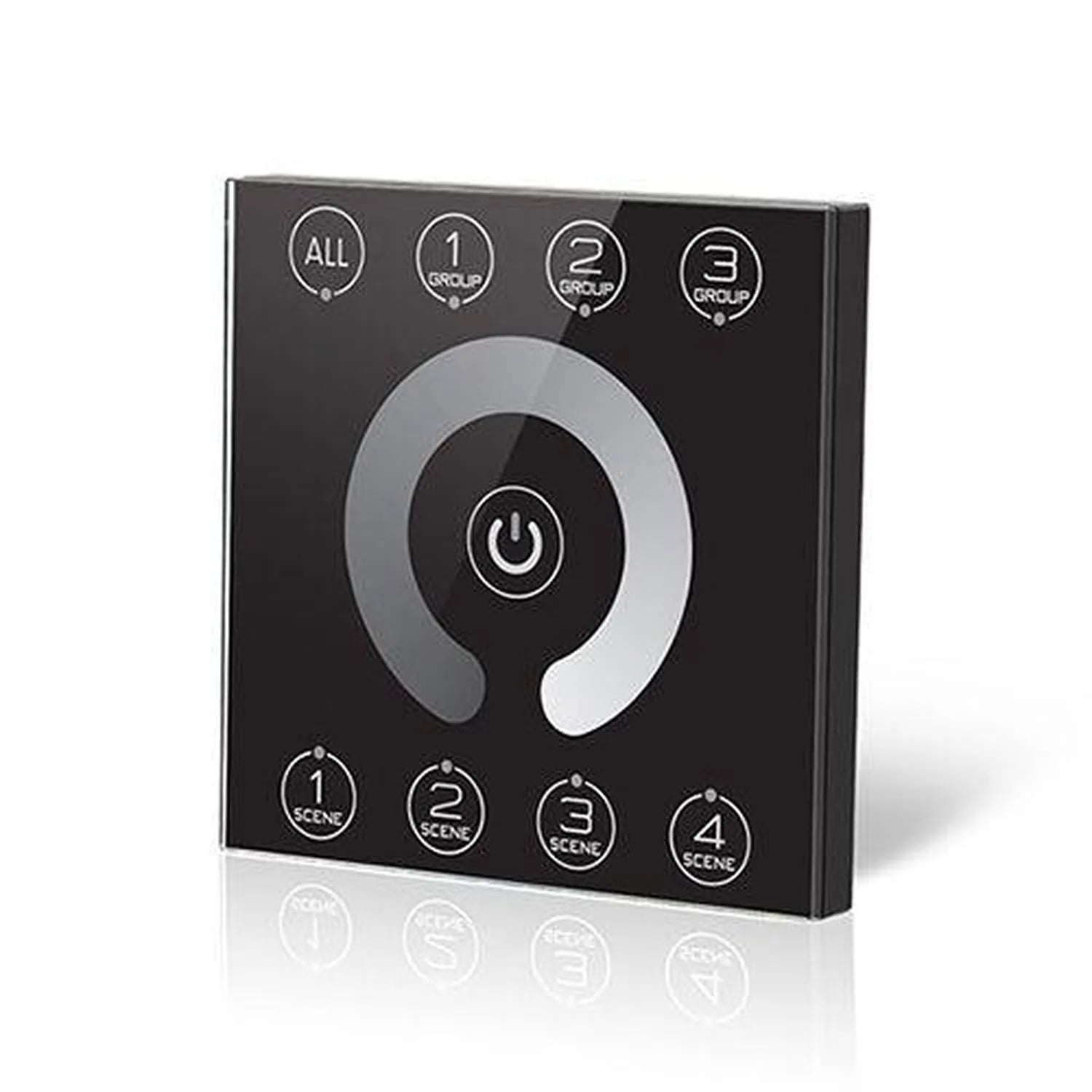 Black square DALI dimmer controller with central power button, four group selection buttons at top, and four scene buttons at