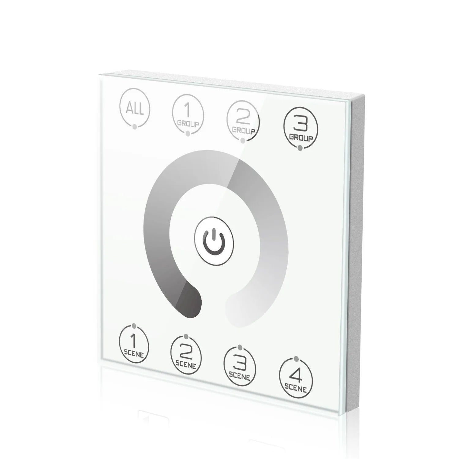 White square touch panel controller with central power button, group selection buttons top, and scene selection buttons botto