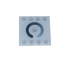 Square light gray dimmer controller with central rotary dial, power button, and four group and four scene selection buttons a