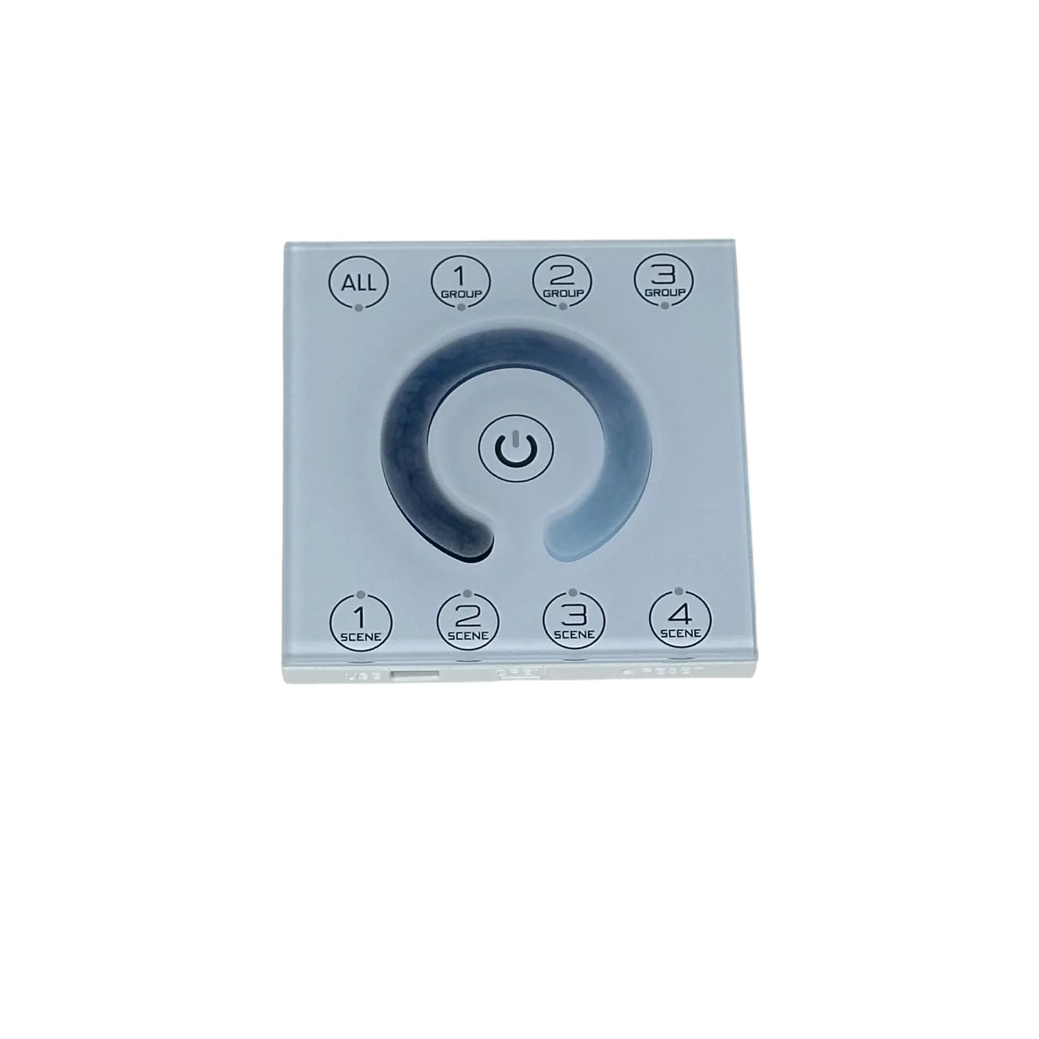Square light gray dimmer controller with central rotary dial, power button, and four group and four scene selection buttons a