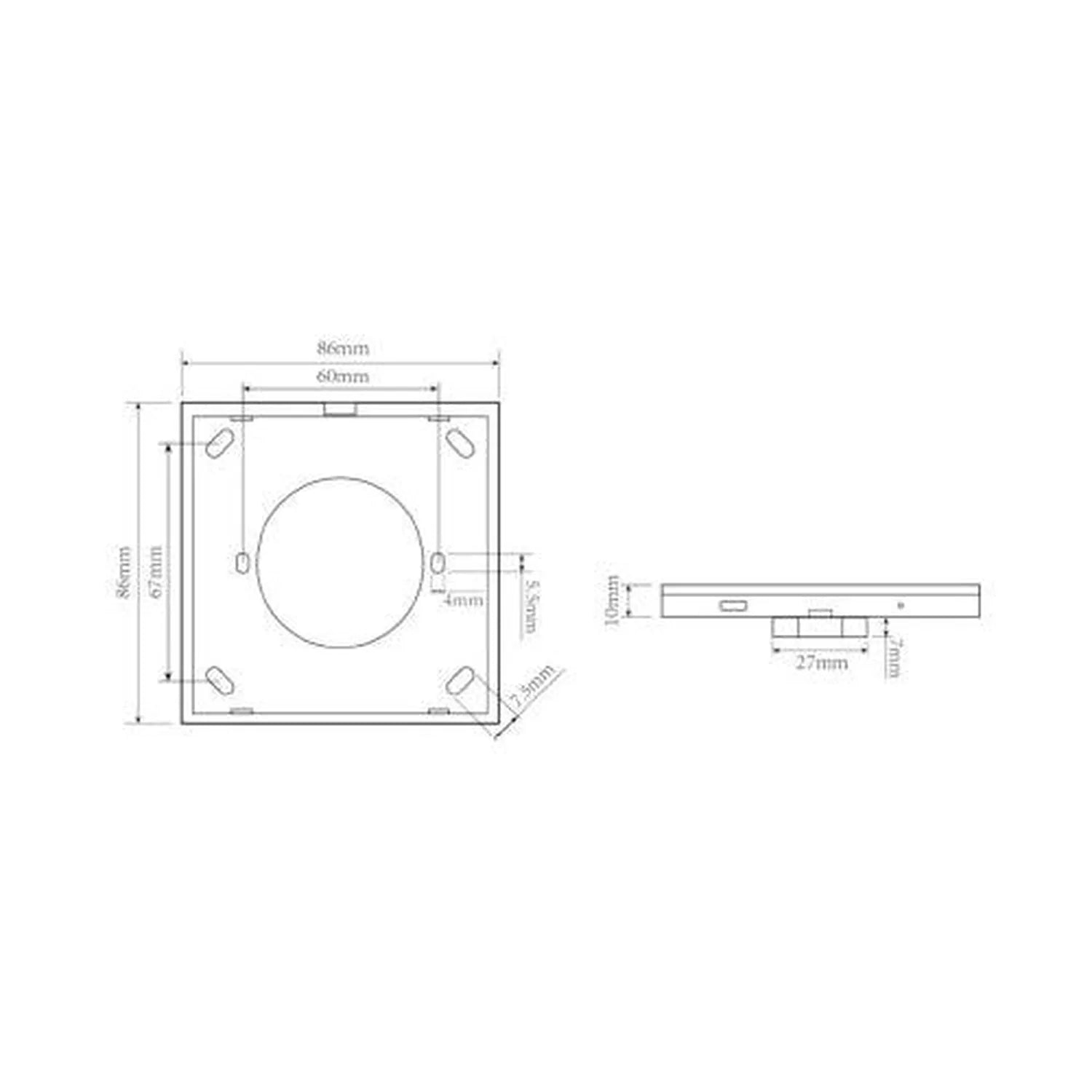 Technical dimension diagram of DALI touch panel controller showing top view and side profile with measurements in millimeters