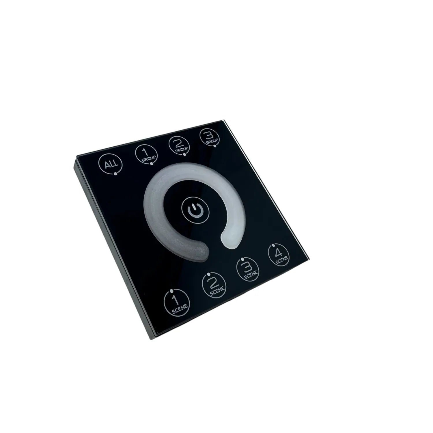 Black square touch panel controller with gray central dial and labeled scene buttons for all and scenes 1-3 arranged around t