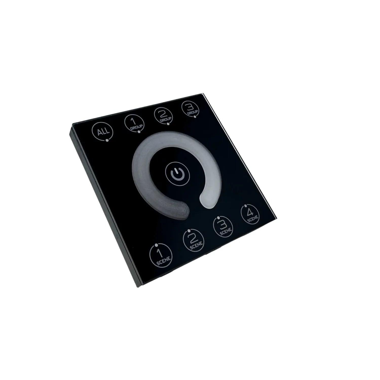 Black square DALI dimmer controller with central power button and surrounding scene control buttons labeled ALL, 1, 2, 3, and