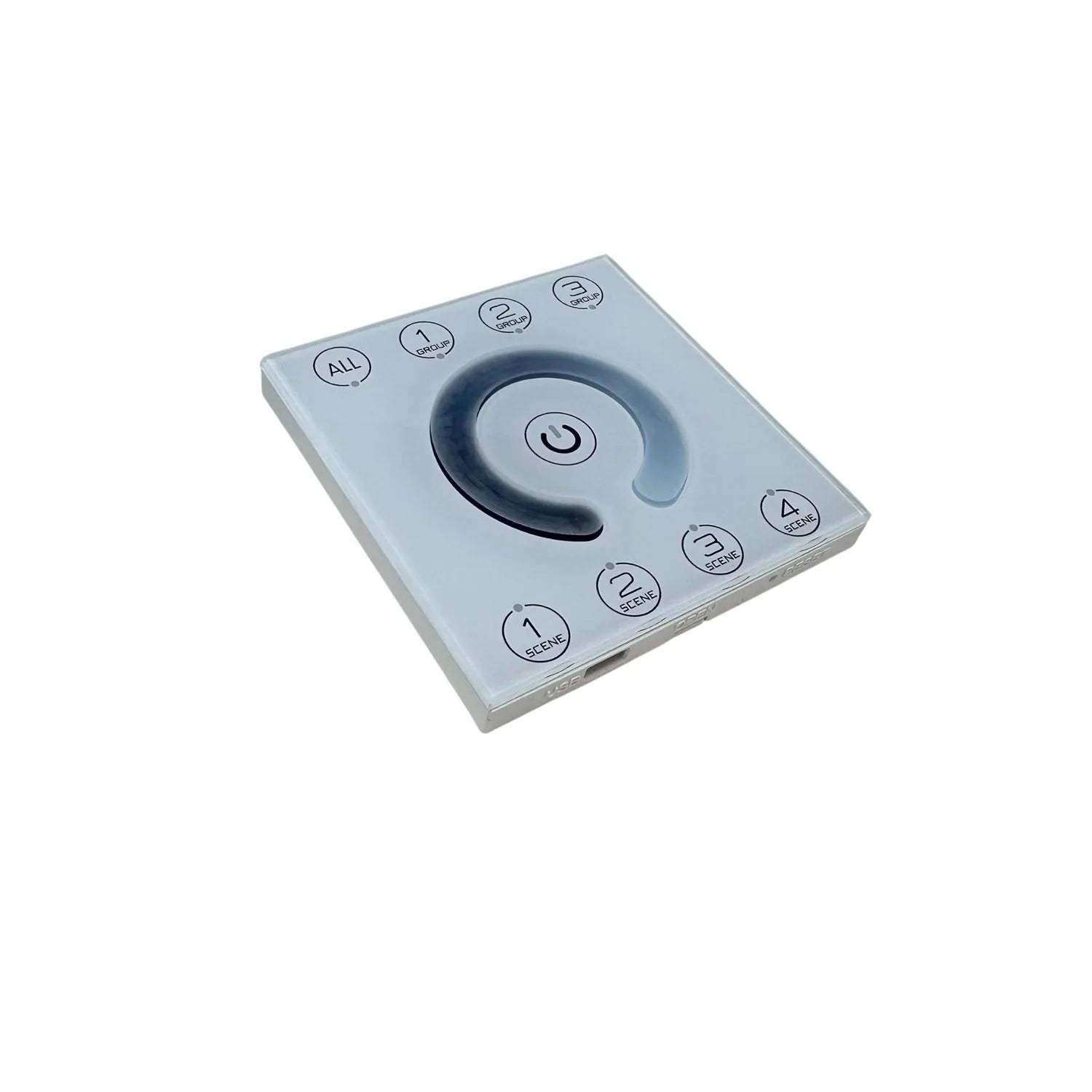 White square DALI touch panel controller with central power button and surrounding zone control buttons labeled ALL, 1, 2, 3,