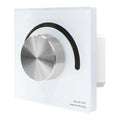 White wall-mounted rotary dimmer switch with brushed silver dial and black fabric headband strap, labeled "Push ON/OFF Long P