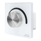 White wall-mounted rotary dimmer switch with brushed silver dial and black fabric headband strap, labeled "Push ON/OFF Long P