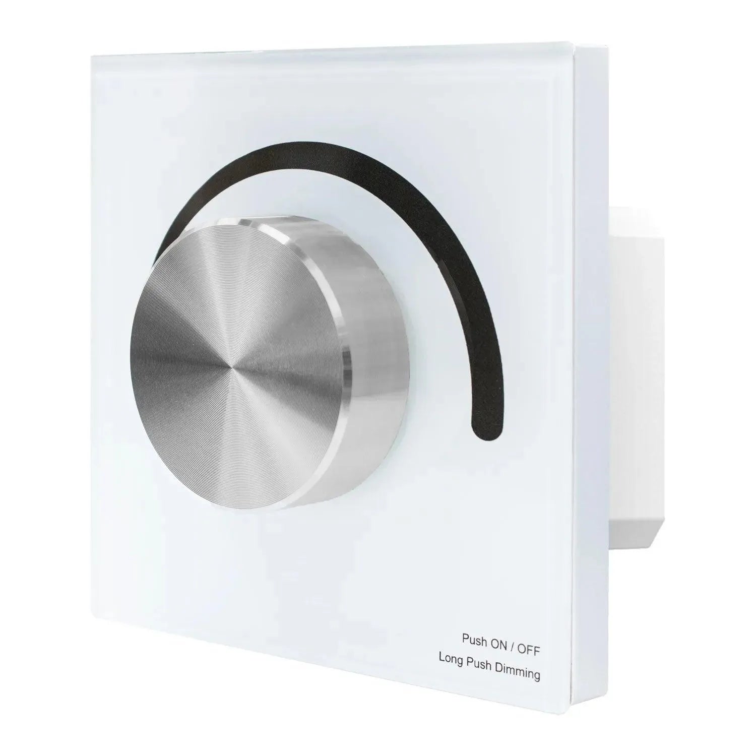 White wall-mounted rotary dimmer switch with brushed silver dial and black fabric headband strap, labeled "Push ON/OFF Long P