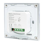 S1-K AC Triac RF Dimmer switch mounted in white wall plate, showing terminal connections and 2.4G wireless specifications.