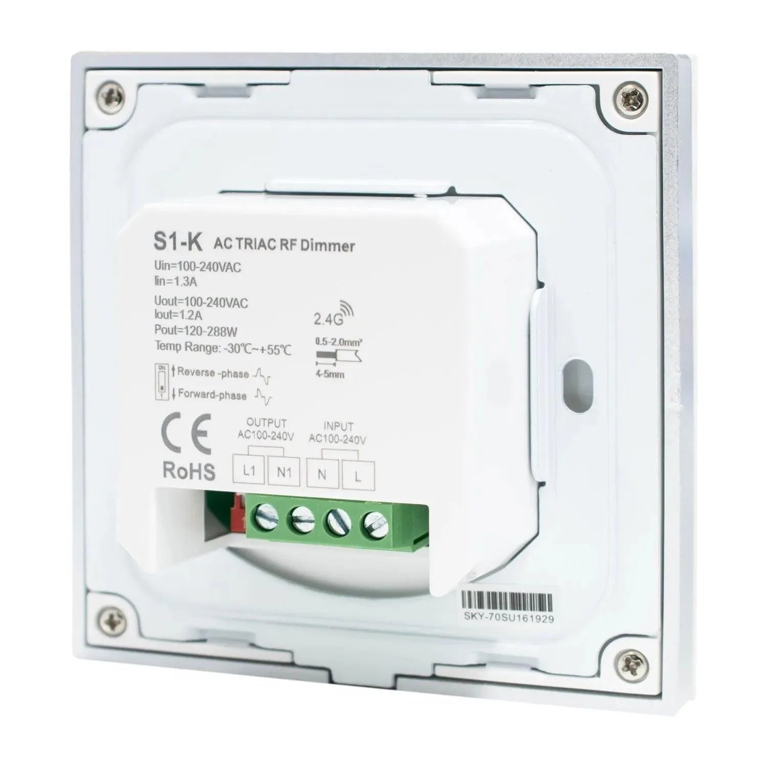 S1-K AC Triac RF Dimmer switch mounted in white wall plate, showing terminal connections and 2.4G wireless specifications.