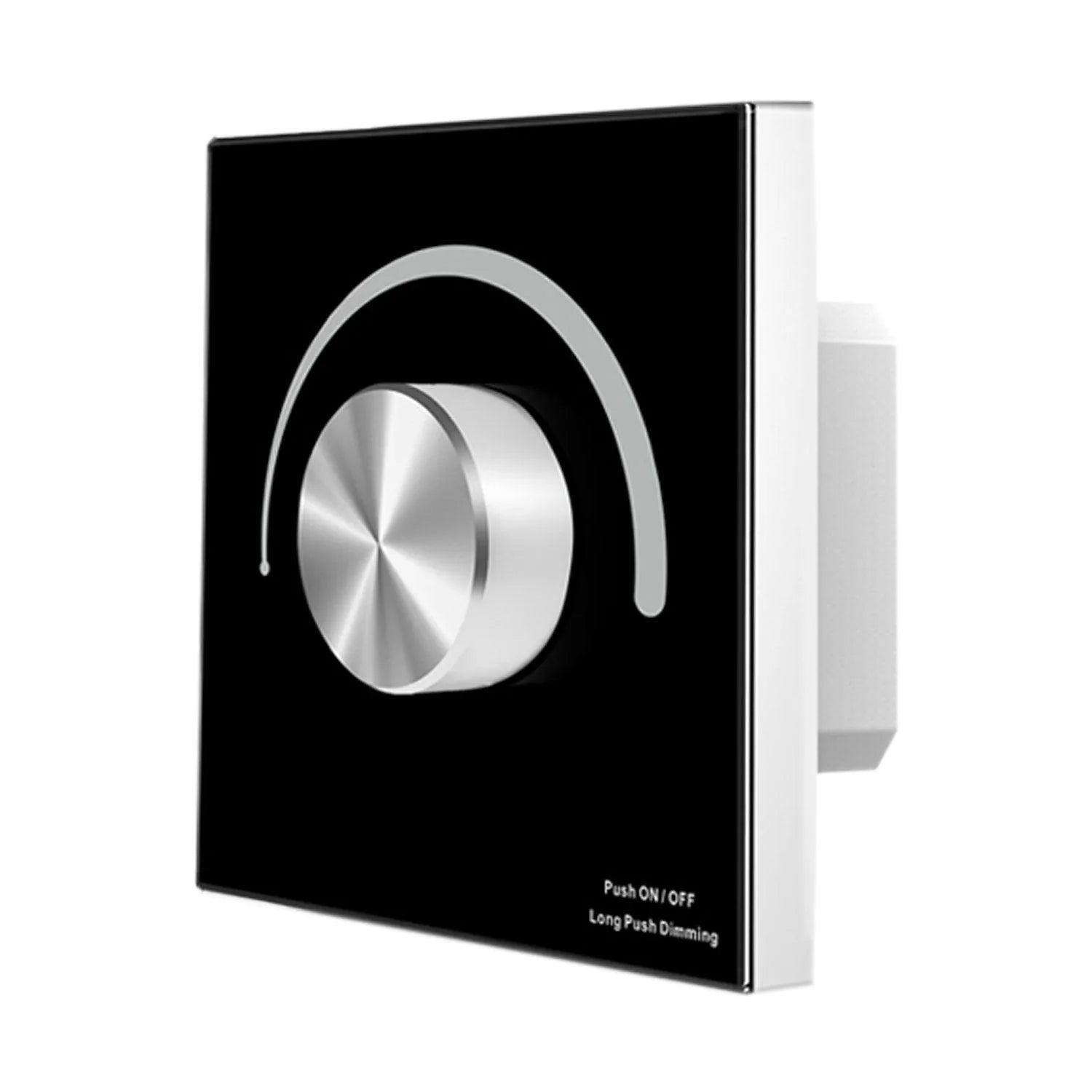 Black and white rotary dimmer switch with metallic silver knob and headphone icon graphic on faceplate.