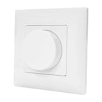 White rotary dimmer switch mounted on square wall plate with circular knob control
