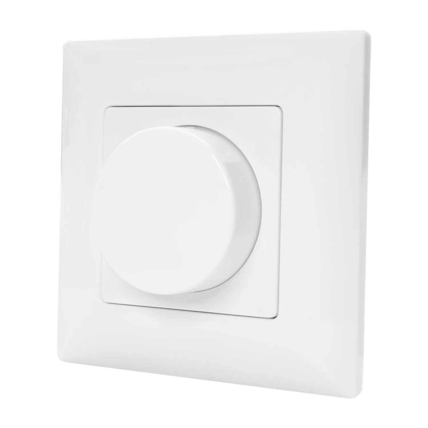 White rotary dimmer switch mounted on square wall plate with circular knob control