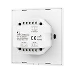 KL 0-10V LED dimmer module mounted in white wall plate with rotary controls and terminal connections visible.