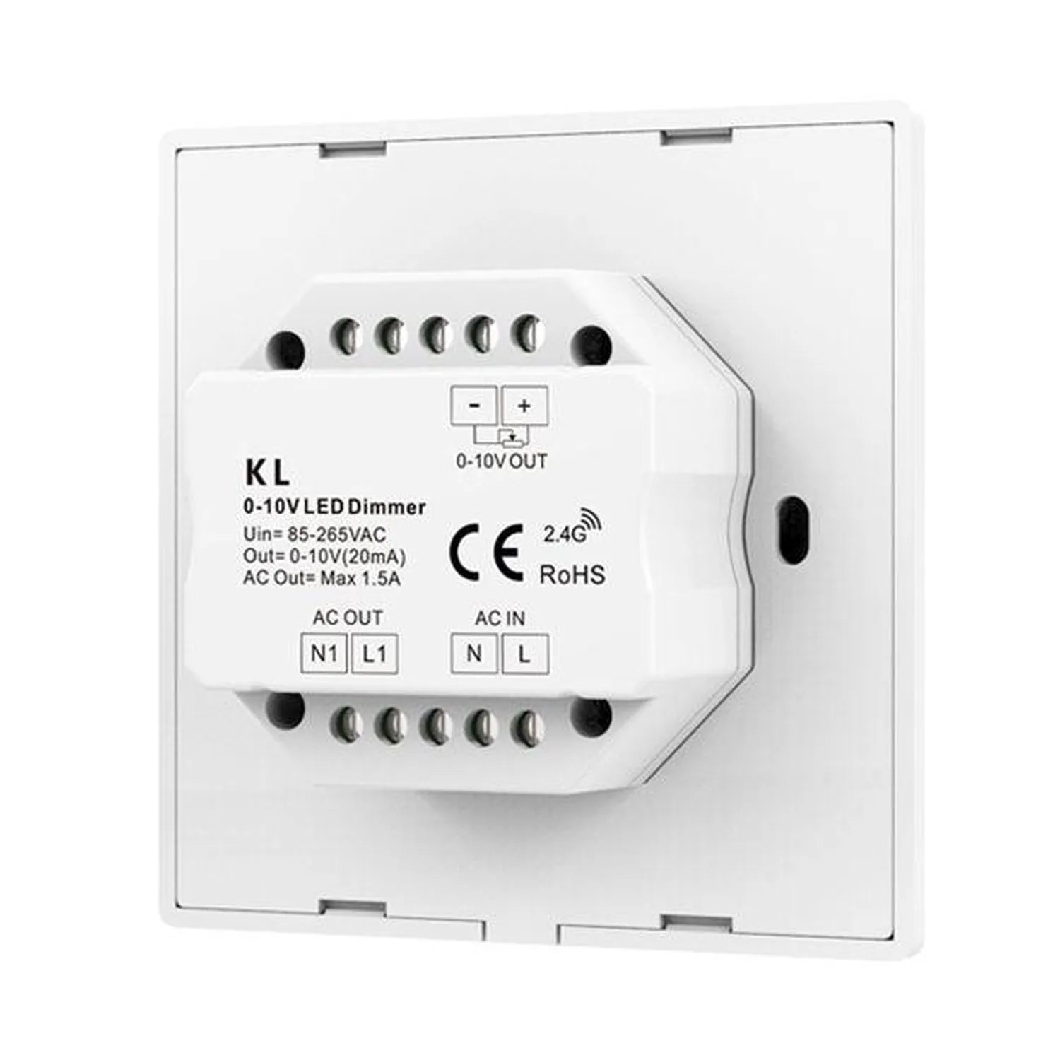 KL 0-10V LED dimmer module mounted in white wall plate with rotary controls and terminal connections visible.