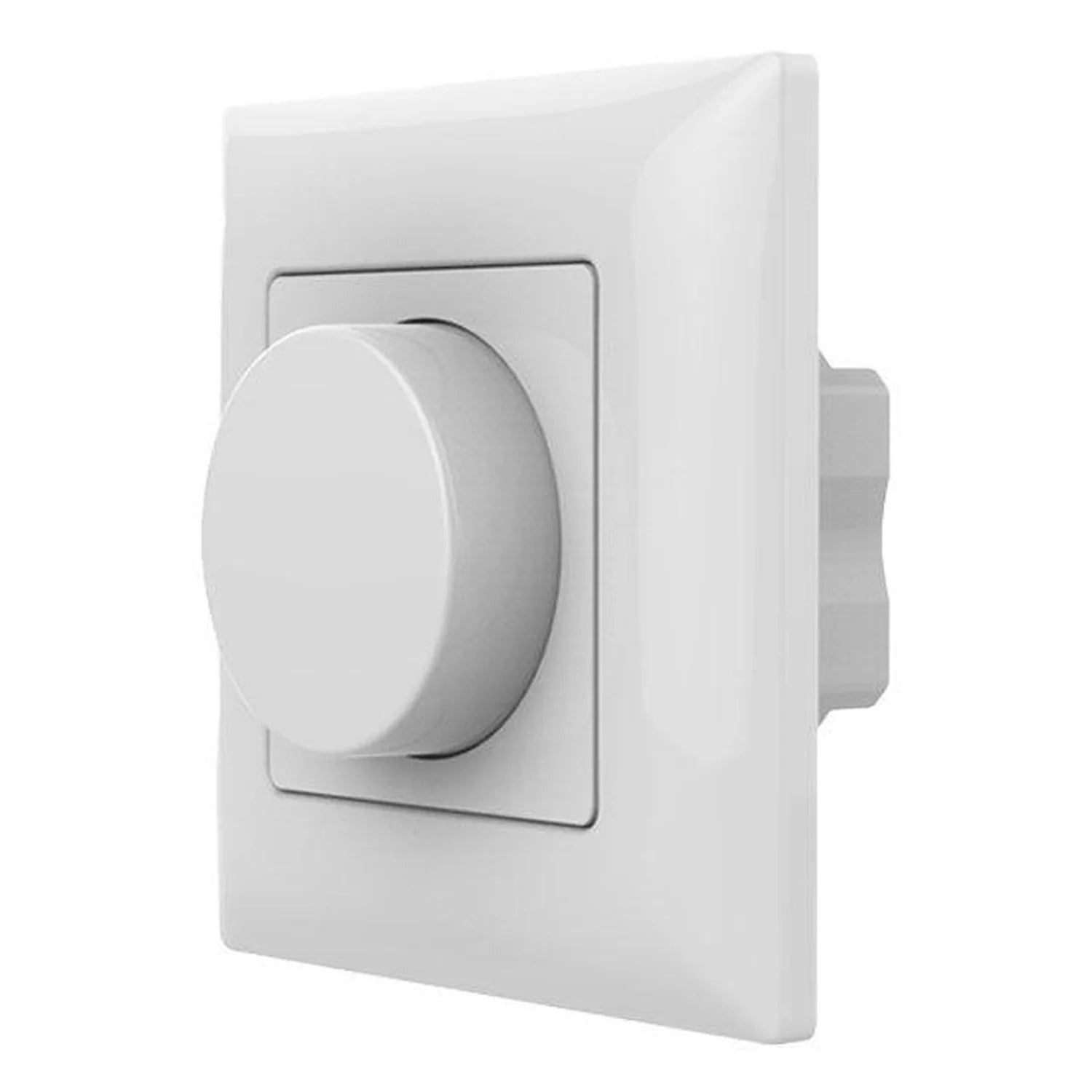 White rotary dimmer switch with large circular knob mounted on rectangular wall plate, product shot on white background.