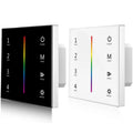 Black and white RGB LED controller panels shown side-by-side, each with 4 zone controls, colorful vertical gradient bar, and 