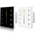 Black and white RGB LED controller panels shown side-by-side, each with 4 zone controls, colorful vertical gradient bar, and 