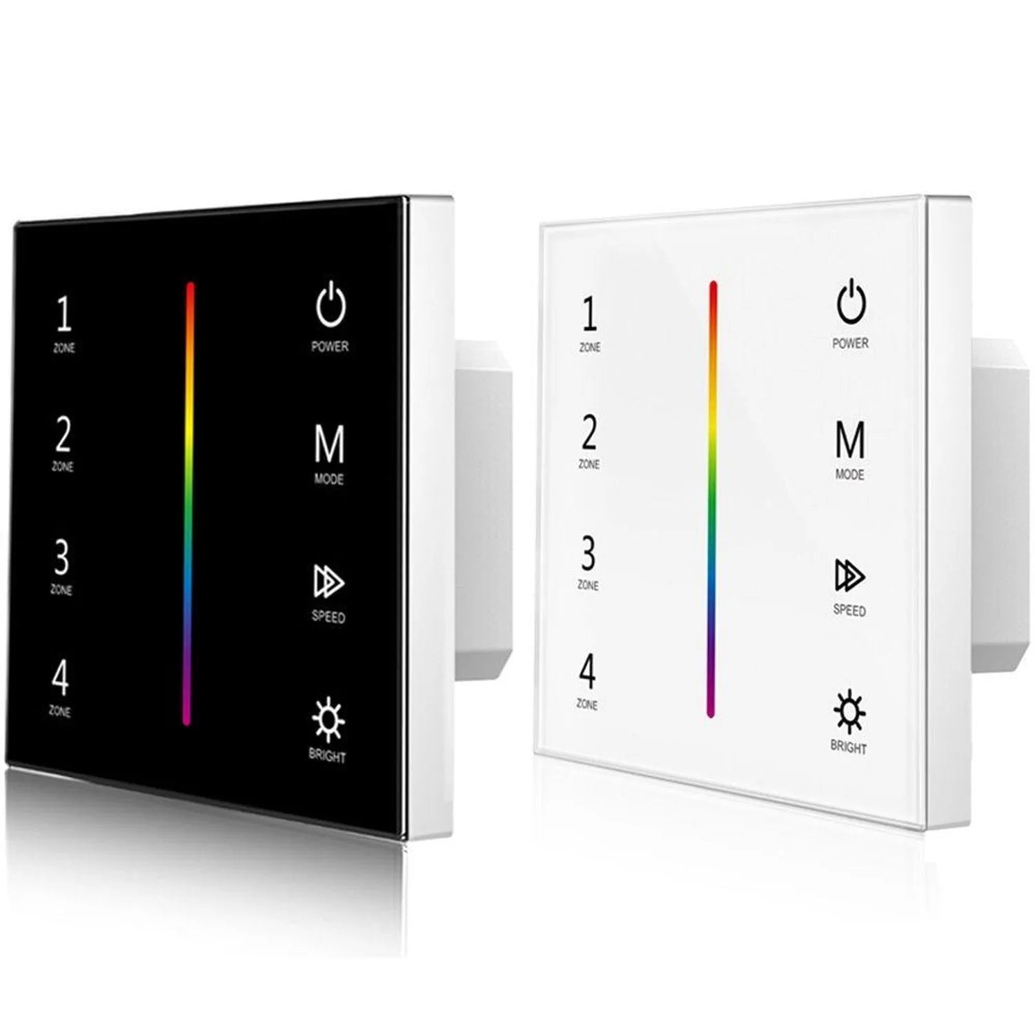 Black and white RGB LED controller panels shown side-by-side, each with 4 zone controls, colorful vertical gradient bar, and 