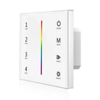 White touch glass panel RGB LED controller with four zone buttons, color gradient slider, and controls for power, mode, speed