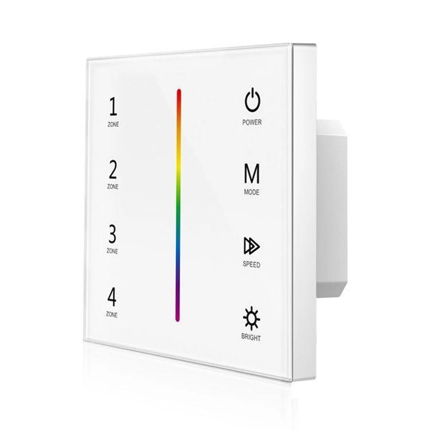 White touch glass panel RGB LED controller with four zone buttons, color gradient slider, and controls for power, mode, speed