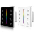 Two RGB LED dimmer switches with touch glass panels, one black and one white, displaying color gradient sliders and control b