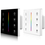 Two RGB LED dimmer switches with touch glass panels, one black and one white, displaying color gradient sliders and control b