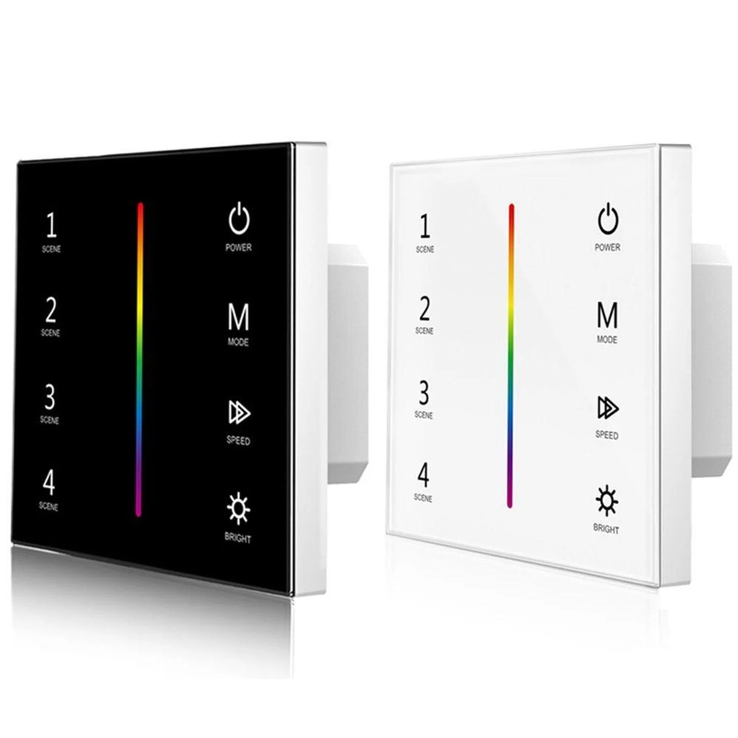 Two RGB LED dimmer switches with touch glass panels, one black and one white, displaying color gradient sliders and control b