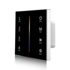 Touch glass panel RGB LED dimmer switch with scene buttons, color gradient slider, and controls for power, mode, speed, and b
