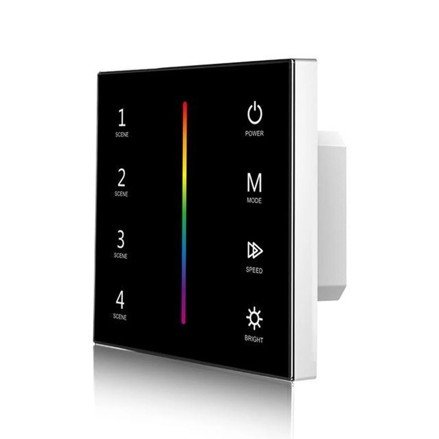 Touch glass panel RGB LED dimmer switch with scene buttons, color gradient slider, and controls for power, mode, speed, and b