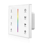 White touch glass panel RGB LED controller with scene, power, mode, speed, and brightness controls displayed against white ba