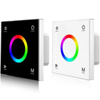 Two RGB LED touch dimmer switches with glass panels in black and white, displaying colorful gradient rings, shown front angle