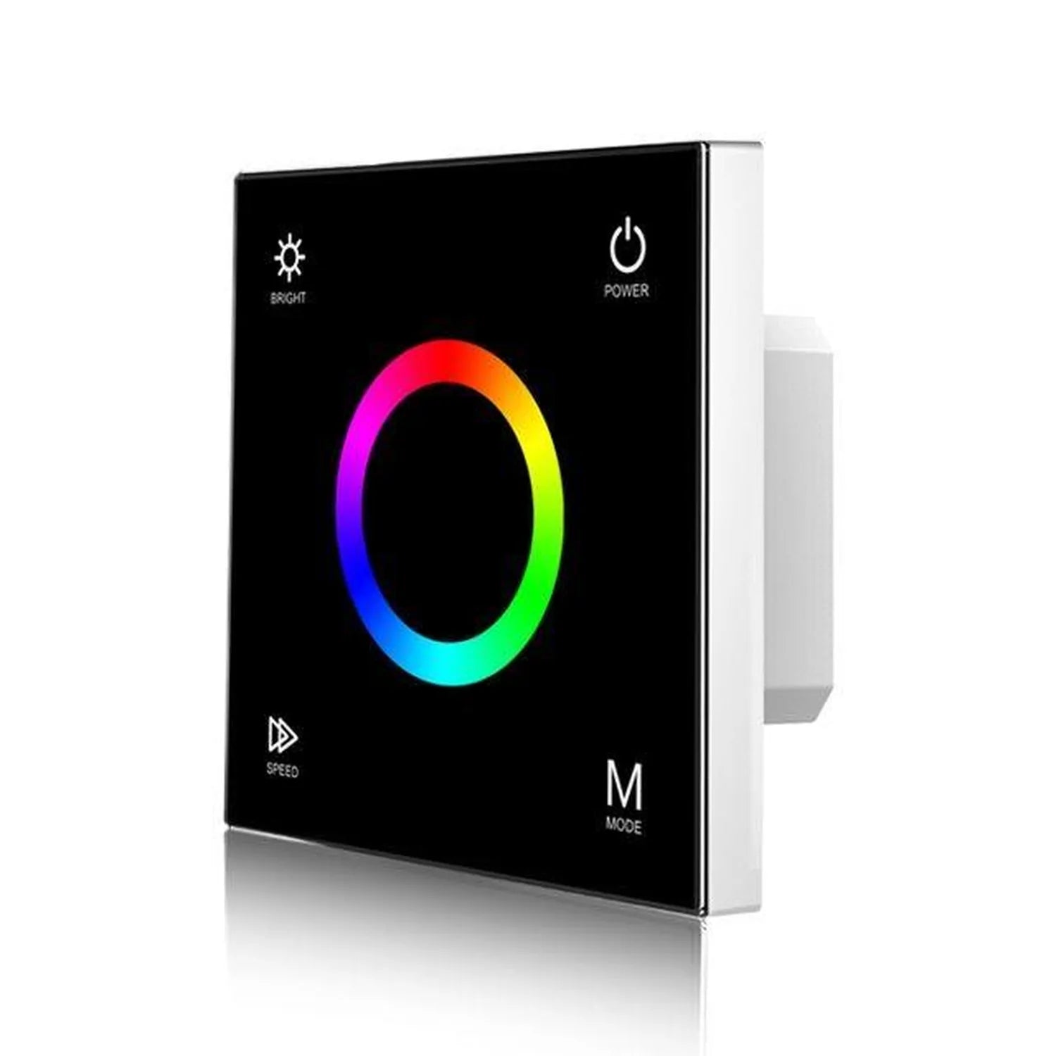 RGB LED touch dimmer switch with illuminated color wheel display, showing brightness, power, speed, and mode controls on blac