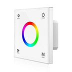 White glass panel RGB LED touch dimmer switch with colorful gradient ring and controls for brightness, power, speed, and mode