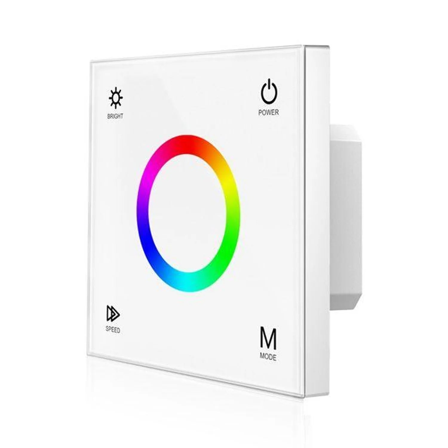 White glass panel RGB LED touch dimmer switch with colorful gradient ring and controls for brightness, power, speed, and mode