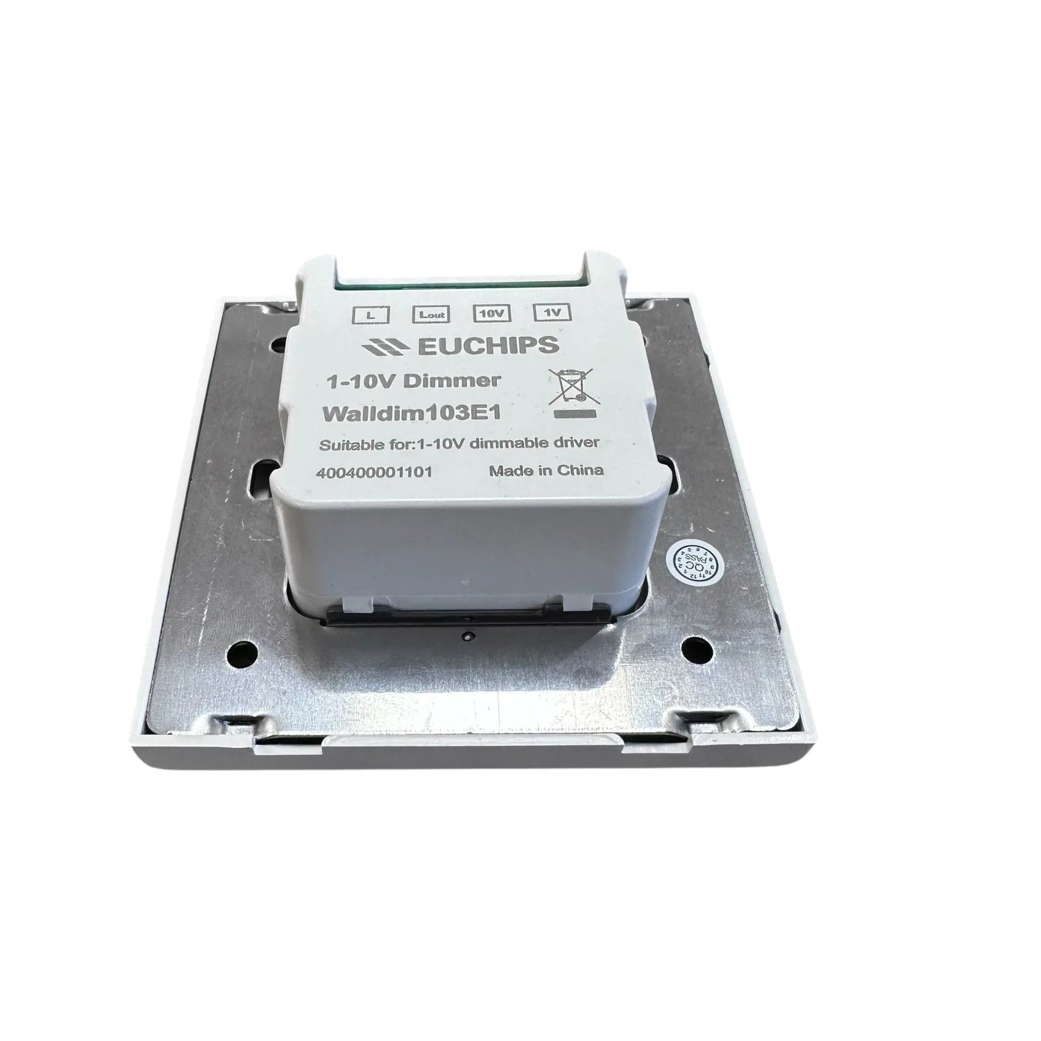 EUCHIPS Walldim103E1 1-10V dimmer switch mounted on metal backplate, top view showing white control module with buttons and c