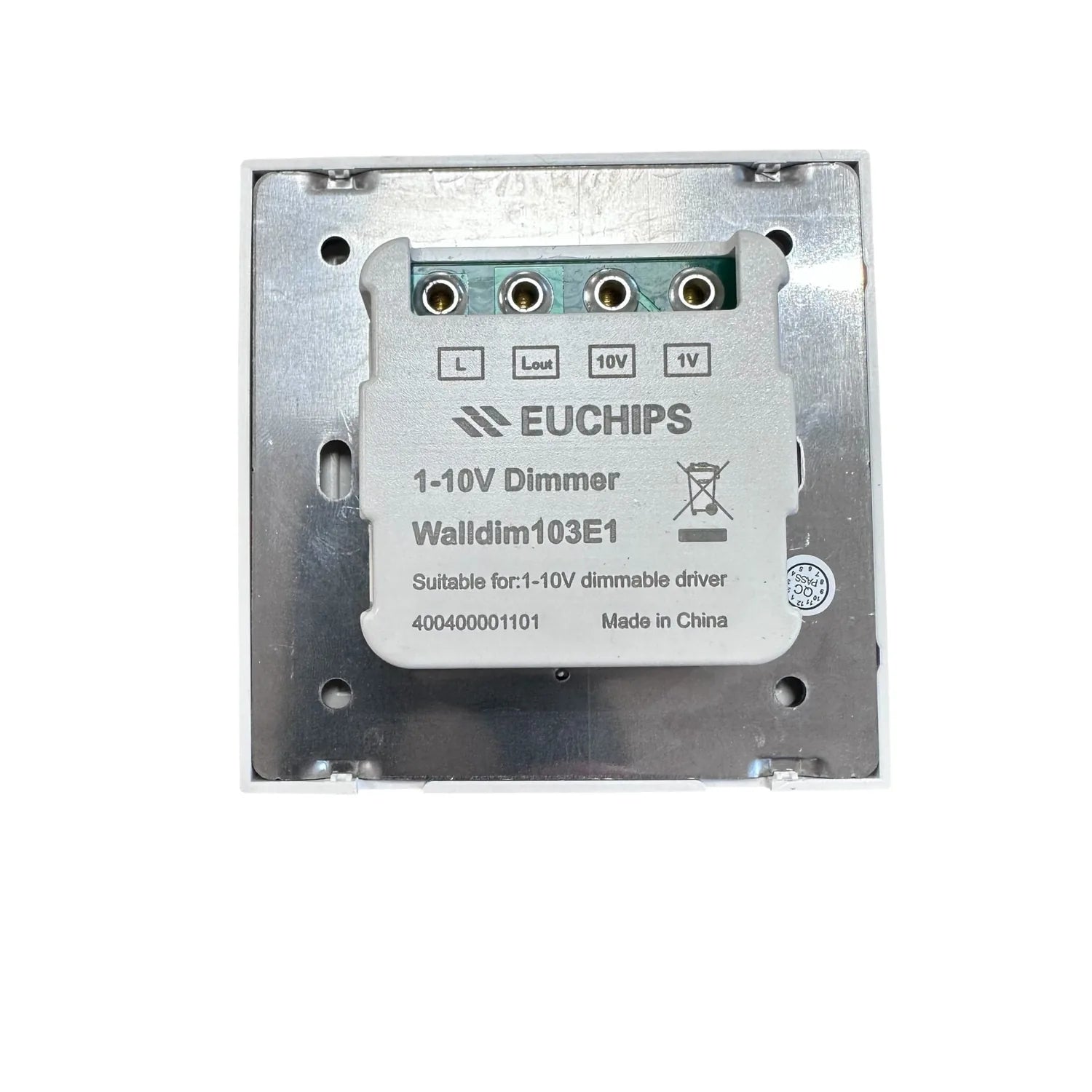 EUCHIPS Walldim103E1 1-10V dimmer control module mounted in metal wall box with four terminal connectors labeled L, Load, 10V