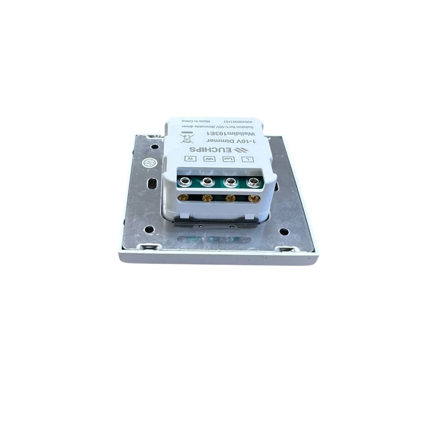 EUCHIPS 1-10V LED dimmer switch with white control module mounted on metal backing plate, showing terminal connections and co